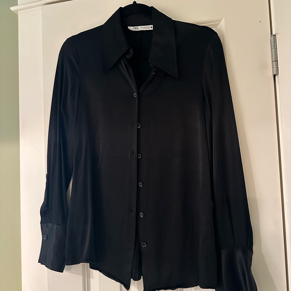 Zara Black Satin Button-Up Shirt